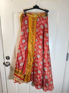 Boho Reversible Wrap Skirt One Size Red Mustard Festival 0553